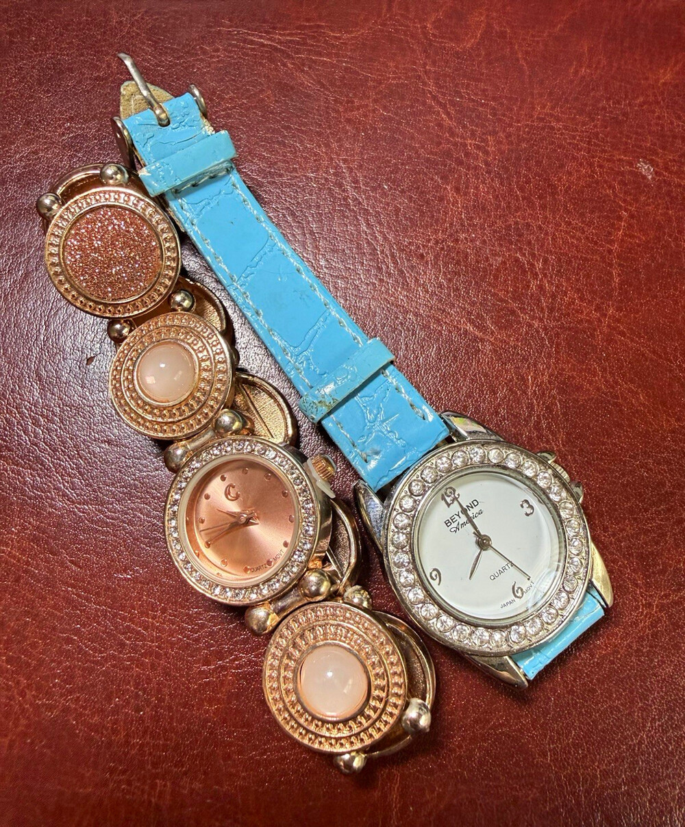 Lot of 2 Women’s Fashion Watches Rhinestone Rose Gold Blue Quartz